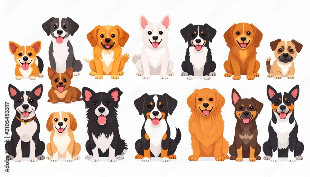 Fototapeta premium Adorable Cartoon Dog Breeds - A Colorful and Diverse Collection.