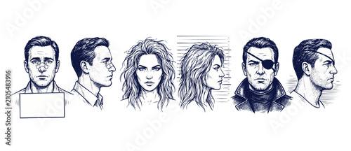 Fényképezés Mugshot sketch suspect police lineup illustration set featuring hand drawn portrait profiles of criminal arrested characters with bandaged nose, messy hair and eyepatch on white background