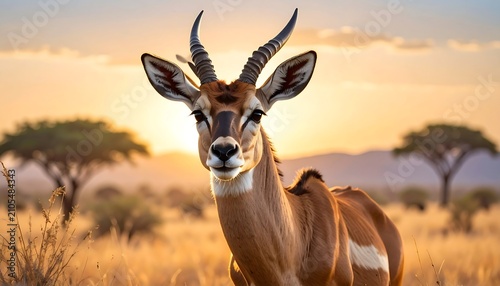 African antelope with large curved horns in golden grassland.