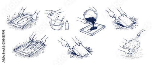 Fotografía Concrete stepping stone DIY tutorial vector illustrations showing plaster casting