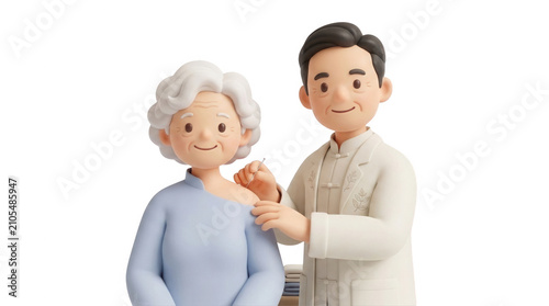 Healthcare illustration senior woman receiving vaccine from friendly doctor in modern medical setting