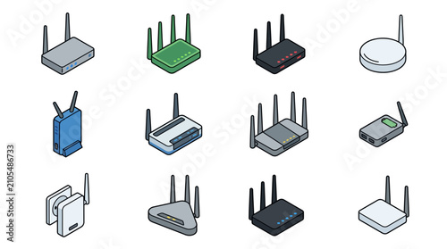 Obraz na płótnie Isometric Router Icons Set: Wireless Network Devices Collection