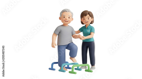 Cartoon figures helping elderly individuals with physical therapy exercises and providing encouragement and support