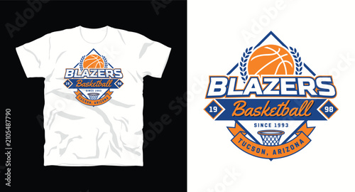 Basketball team blazers t-shirt design with vintage sports logo and athletic emblem.