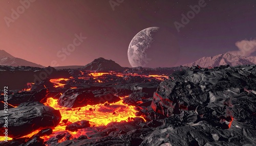 Alien Landscape with Lava Flow and Distant Moon.