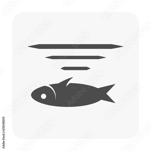 Dead fish in polluted water silhouette vector icon representing water contamination, aquatic pollution, environmental damage, wastewater discharge, ecosystem degradation, toxic contamination.