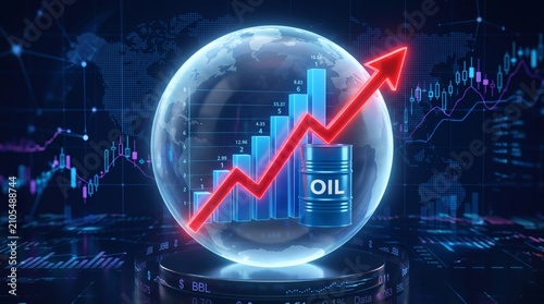 Oil price surge illustrated by rising graph and barrel inside a crystal ball.