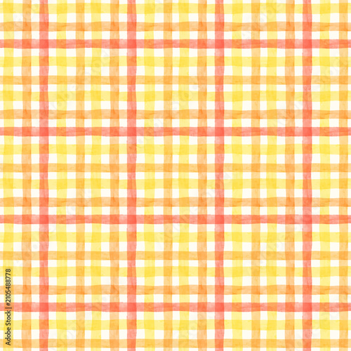 Warm autumn plaid watercolor seamless pattern in mustard yellow and orange