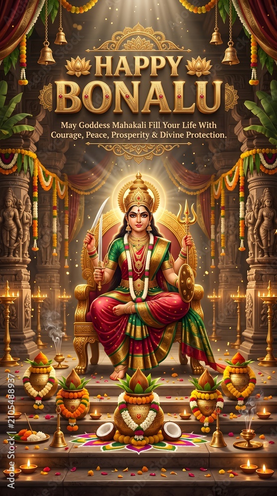 Obraz premium Happy bonalu festival greeting with goddess mahakali seated on golden throne with marigold