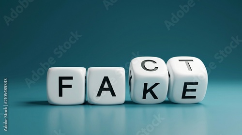 White dice spelling FAKE with FACT implied, representing the concept of misinformation and truth on a teal background.