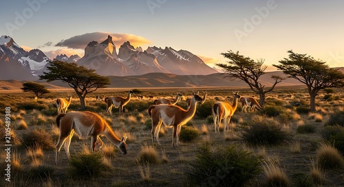 African savanna with zebras and wildebeests grazing at sunset.