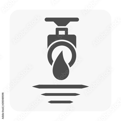 Water outlet valve releasing wastewater silhouette vector icon representing discharge pipe, drainage system, effluent flow, water treatment, utility infrastructure, environmental engineering.