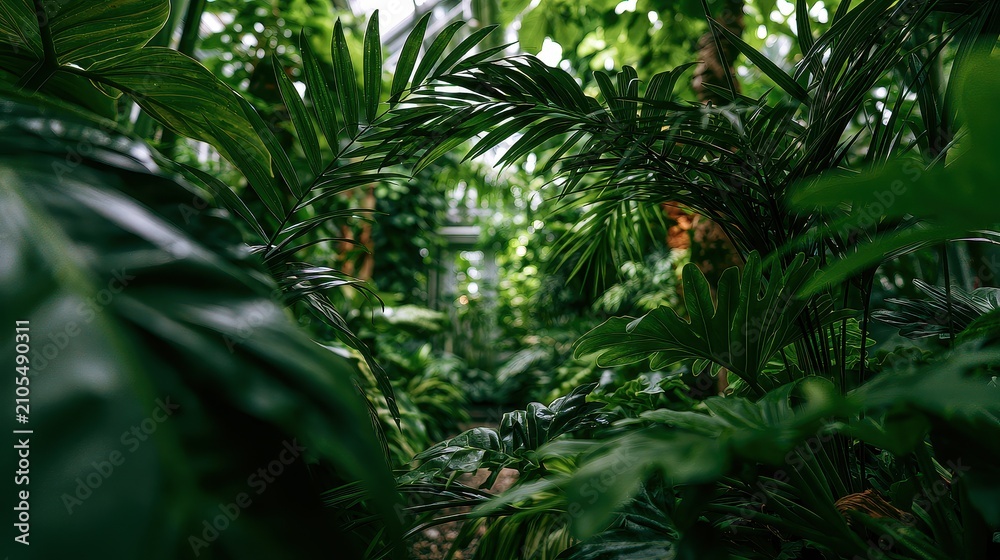 Fototapeta premium Fresh foliage natural harmony organic balance botanical freshness sustainable floristry focus on vibrant greenery copy space garden inspiration theme realistic Manipulation botanical greenhouse backdr