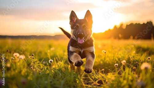 African wild dog standing in tall grass field.