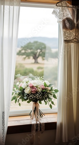 Elegant Wedding Dress and Floral Bouquet Arranged Beside Bright Window