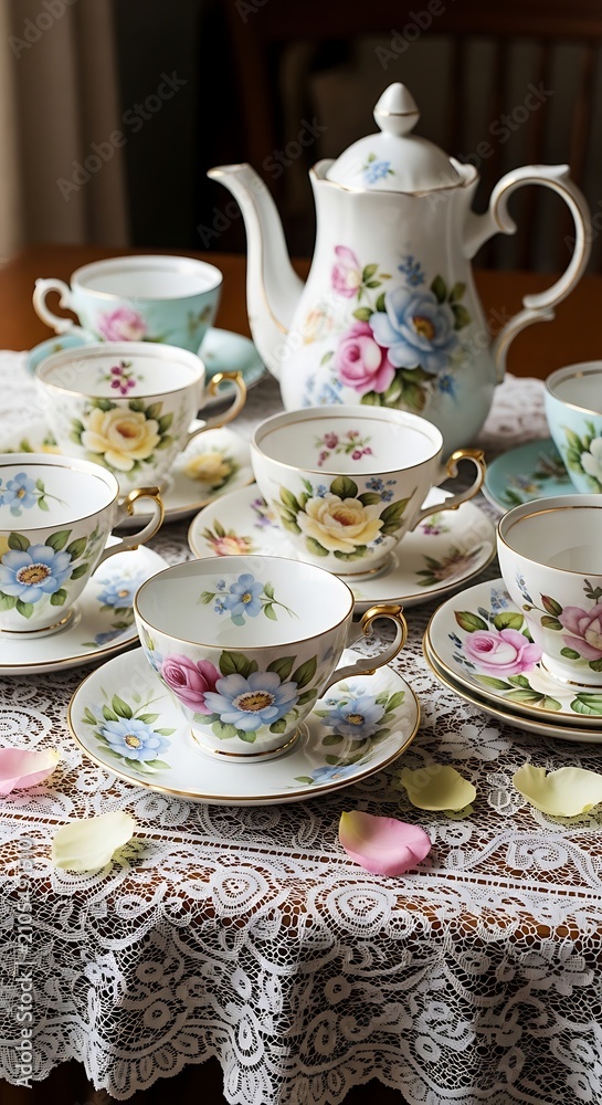 Fototapeta premium Vintage Floral Porcelain Tea Set Arranged on Lace Tablecloth Indoors
