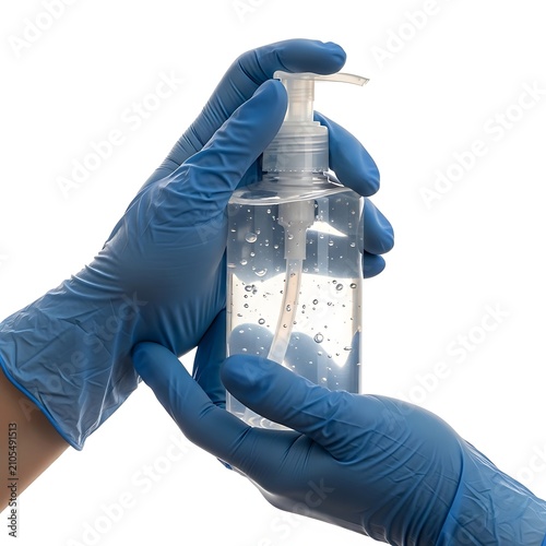 Blue Gloved Hands Holding Clear Sanitizer Pump Bottle on White Background
