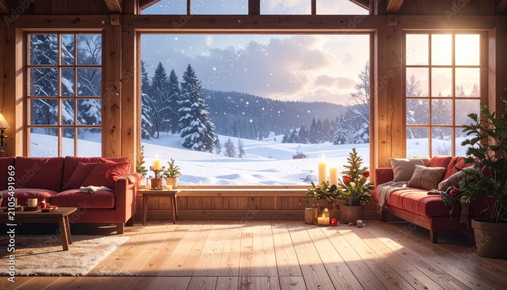 Fototapeta premium Cozy Log Cabin Living Room with Panoramic Snowy Winter Landscape View and Christmas Decorations