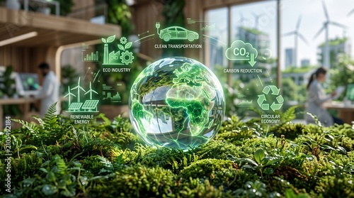 Futuristic Environmental Concept Featuring a Digital Globe with Sustainable Technology Icons for Global Climate Change Awareness and Green Energy Solutions