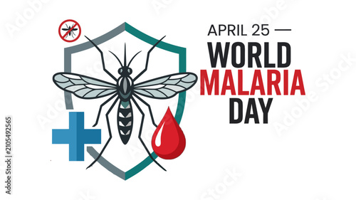 World Malaria Day Poster With Mosquito, Blood Drop and Health Shield for April 25 Awareness Campaign