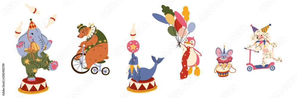 Naklejka premium Hand drawn illustration of a classic circus animal performer set with juggling elephant cycling bear balancing fur seal penguin mouse and poodle on kick scooter isolated on white background. Flat