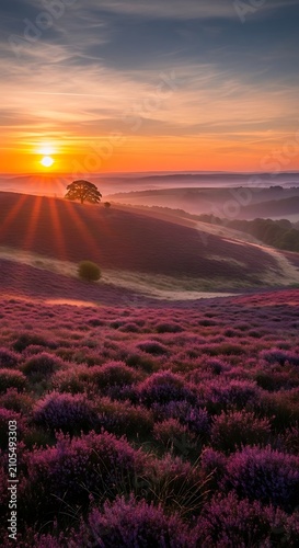 Vibrant Purple Heather Field Glowing at Sunrise in Misty Rolling Hills