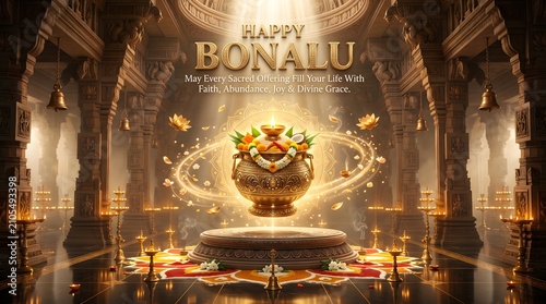 Happy bonalu festival celebration greeting card with sacred pot in temple interior