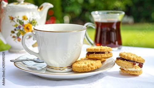 Afternoon tea with assorted pastries and beverages.