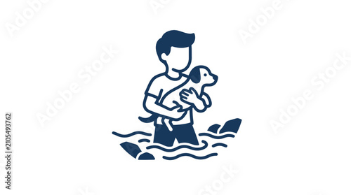 Man holding a dog in water.