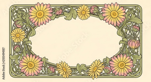 Ornate Floral Border Frame with Pink and Yellow Flowers on Cream Background