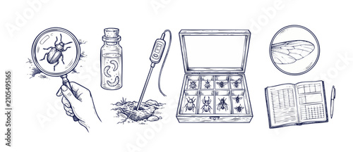Obraz na płótnie Entomology insect research sketch illustration, vintage engraving of biology scientific equipment, insect collection specimen box, magnifying glass, soil probe, and notebook for outdoors nature study