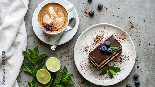 Top view of a slice of chocolate cake with blueberries and a cup of coffee on gray table chocolate blueberries breakfast delicious beverage cappuccino