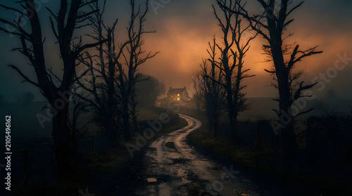 Mysterious foggy road lined with spooky dead trees at dusk