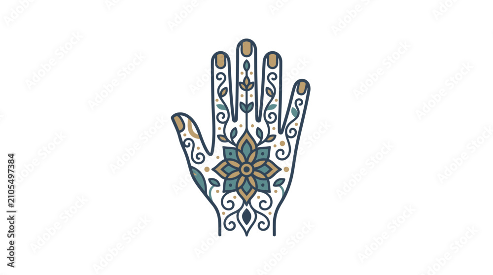 Naklejka premium Decorative Hamsa hand with blue floral mandalas.