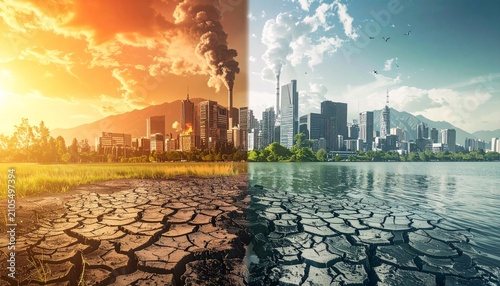 Climate change contrast - Industrial pollution versus green city future.