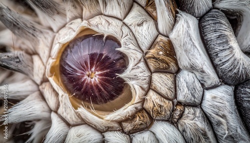Close-up of a Protea flower showing intricate details and textures.