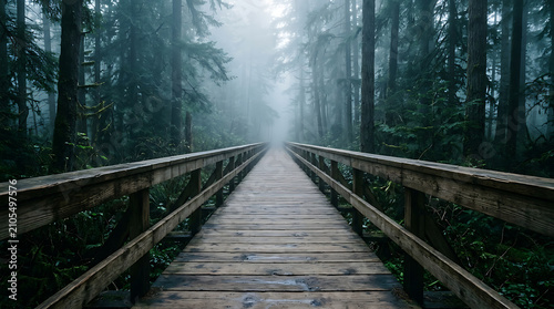 Wooden footbridge leading through a misty atmospheric evergreen forest trail with landscape adventure atmospheric wilderness evergreen perspective
