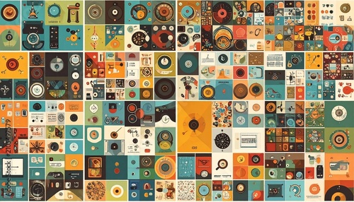 Colorful Abstract Art Collage - A Symphony of Geometric Shapes and Retro Vibes.