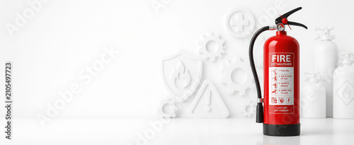 On a clean white surface, a vivid red fire extinguisher is displayed alongside emergency safety symbols and equipment.