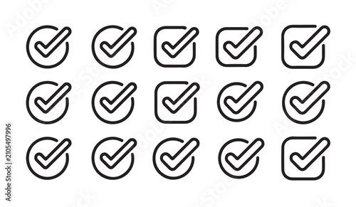 Quadro su tela Set of linear check mark icons enclosed in circular and square frames for mobile apps