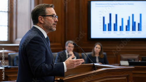 Biotechnology lawyer presenting gene sequence patent claim diagrams on a courtroom display screen during a genomics intellectual property hearing, opposing legal counsel and scientific expert witnes