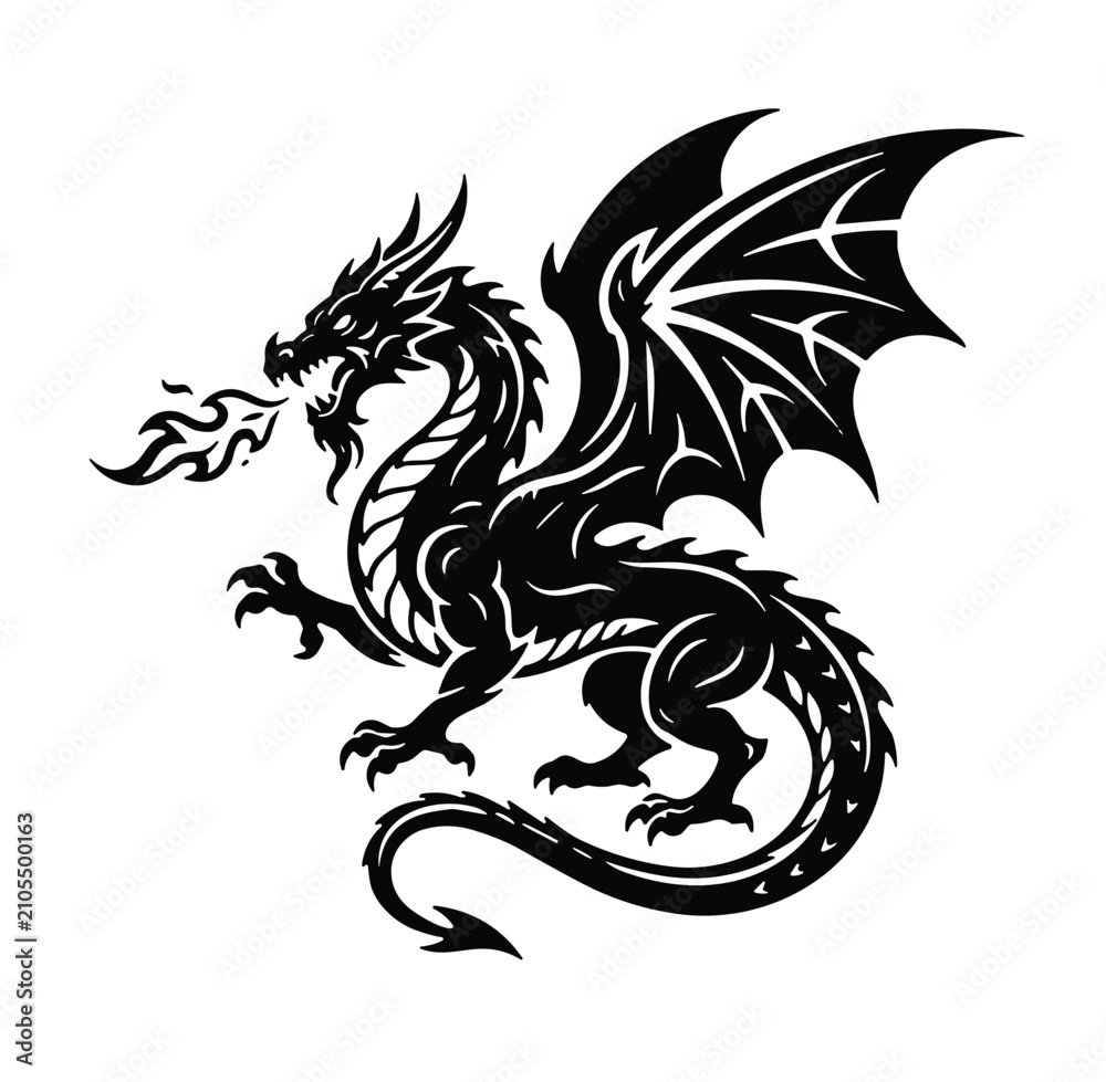 Fototapeta premium Mythical fire breathing dragon vector illustration black silhouette mascot logo isolated on a clean white background