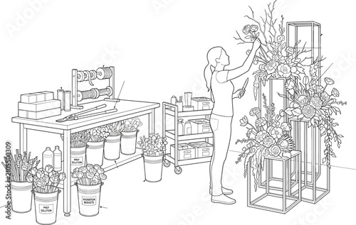 Professional Floral Design Workspace Featuring Flower Preparation Tools, Organized Storage, and Decorative Display Stands