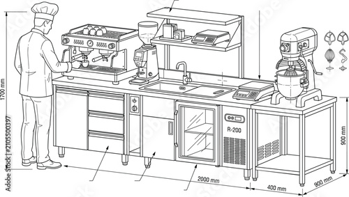 Professional Commercial Cafe Kitchen Workspace Featuring Espresso Machine, Food Mixer, and Refrigerated Work Counter