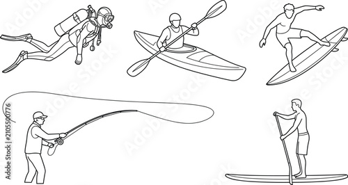 Set of Line Art Illustrations Featuring People Engaging in Various Popular Water Sports and Activities