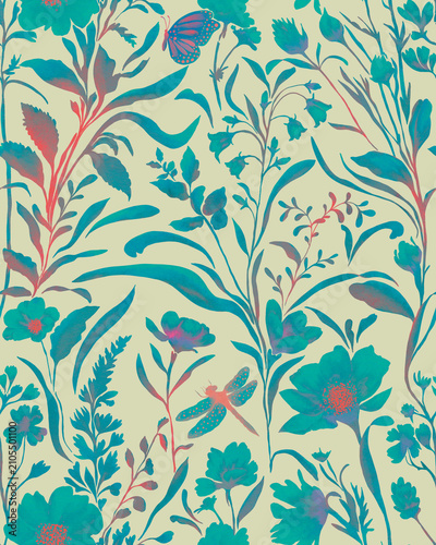 Vibrant floral pattern with teal, coral, and olive hues