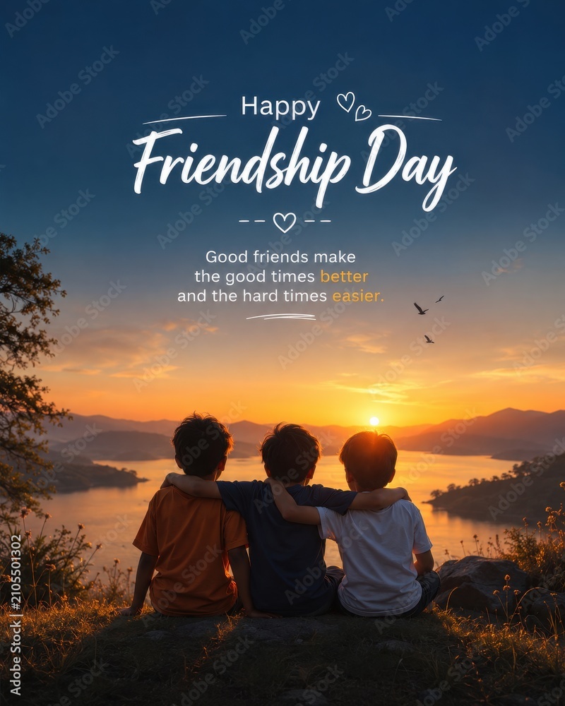 Fototapeta premium Three friends watching sunset. Children sitting together celebrating Friendship Day.