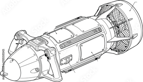 Technical Line Art Illustration of an Underwater Scooter or DPV for Marine Exploration Equipment