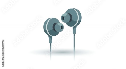 Modern Grey In-Ear Headphones with Silicone Tips and Wires for Music Listening Isolated on White Background