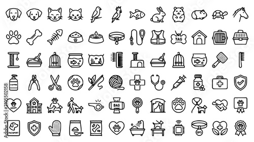 Obraz na płótnie Pet Friendly Line Icon Set with Dog Cat Bird Fish and Animal Care Editable Strok